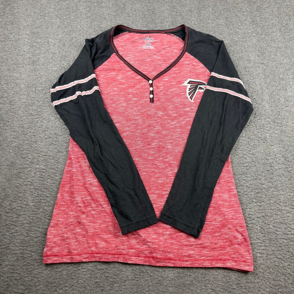 Majestic Atlanta Falcons Womens‎ XL Red Henley Long Sleeve Raglan Shirt NFL Fan